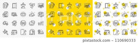 Outline Phone warning, Survey checklist and Open door line icons pack for web with Wind energy, Creative design, Paint roller line icon. Fake news, Gears, Pie chart pictogram icon. Grill. Vector 110690333
