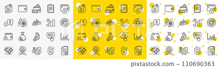 Outline Loyalty points, Cash and Clipboard line icons pack for web with Money wallet, Dot plot, Payment line icon. Payment received, Tax documents, Accounting wealth pictogram icon. Vector 110690363