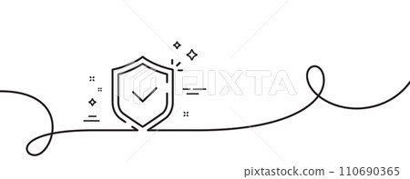 Shield line icon. Continuous one line with curl. Privacy secure sign. Safe defense symbol. Shield single outline ribbon. Loop curve pattern. Vector 110690365