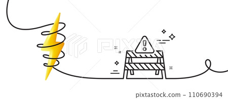 Warning road sign line icon. Continuous one line with curl. Attention triangle sign. Caution alert symbol. Warning road single outline ribbon. Loop curve with energy. Vector 110690394