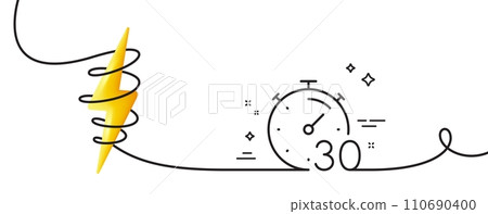 Timer 30 minutes line icon. Continuous one line with curl. Stopwatch time sign. Countdown clock symbol. Timer single outline ribbon. Loop curve with energy. Vector 110690400