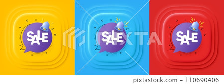 Sale banner with 3d bell. Neumorphic offer banner, flyer or poster. Discount offer alert. Coupon badge icon. Sale banner promo event banner. 3d square buttons. Special deal coupon. Vector 110690406