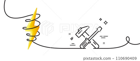 Hammer and screwdriver line icon. Continuous one line with curl. Repair service sign. Fix instruments symbol. Hammer tool single outline ribbon. Loop curve with energy. Vector 110690409