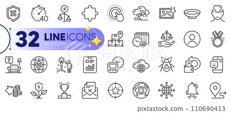 Outline set of Timer, Download photo and Cash back line icons for web with Co2 gas, Journey, Winner podium thin icon. Dish, Qr code, Report document pictogram icon. Smile, 5g internet. Vector 110690413
