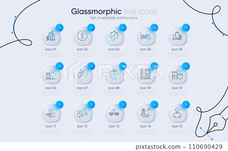 Set of Buildings, Operational excellence and Petrol station line icons for web app. Power info, Engineer, Wholesale goods icons. Parcel shipping, Entrance, Global engineering signs. Vector 110690429