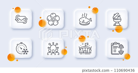 Refresh mail, Grill and Fish dish line icons pack. 3d glass buttons with blurred circles. Arena, Natural linen, Dumbbell web icon. Freezing timer, Squad pictogram. For web app, printing. Vector Refresh mail, Grill and Fish dish line icons pack. 3d glass buttons with blurred circles. Arena, Natural linen, Dumbbell web icon. Freezing timer, Squad pictogram. For web app, printing. Vector 110690436