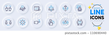 Ethics, Discrimination and Drag drop line icons for web app. Pack of Teamwork, Recruitment, Friends couple pictogram icons. Accounting, Move gesture, Delivery man signs. Volunteer. Vector 110690440
