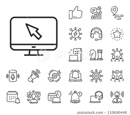 Mouse cursor sign. Place location, technology and smart speaker outline icons. Computer or Monitor icon. Personal computer symbol. Internet line sign. Influencer, brand ambassador icon. Vector 110690446
