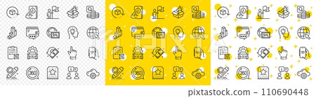 Outline Web photo, Internet and Qr code line icons pack for web with Megaphone box, Leadership, Idea head line icon. Inspect, Cloud computing, Internet app pictogram icon. Car service. Vector 110690448