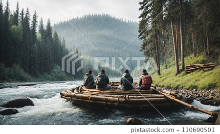 People on a raft on a mountain river 110690501