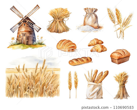 Watercolor set of bakery elements with rustic windmill, sheaves of wheat, flour sack, various bread loaves, and croissants isolated on white background. Watercolor set of bakery elements with rustic windmill, sheaves of wheat, flour sack, various bread loaves, and croissants isolated on white background. 110690583