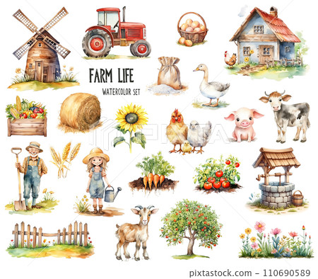 Big watercolor set of farm life with windmill, tractor, animals, vegetables, farmers, and other elements isolated on white background. Big watercolor set of farm life with windmill, tractor, animals, vegetables, farmers, and other elements isolated on white background. 110690589
