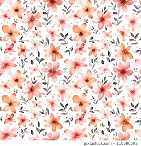 Watercolor seamless floral pattern with pink flowers and leaves isolated on white. 110690592