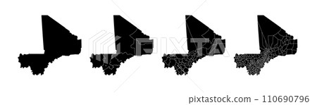 Set of isolated Mali maps with regions. Isolated borders, departments, municipalities. Set of isolated Mali maps with regions. Isolated borders, departments, municipalities. 110690796