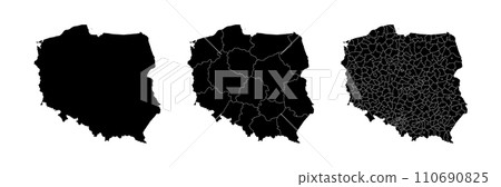 Set of isolated Poland maps with regions. Isolated borders, departments, municipalities. Set of isolated Poland maps with regions. Isolated borders, departments, municipalities. 110690825