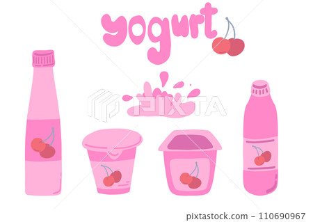 Cherry yogurt set pink colour splashes flat design 110690967
