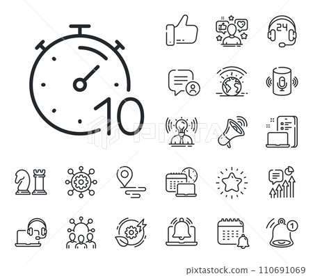 Stopwatch time sign. Place location, technology and smart speaker outline icons. Timer 10 minutes line icon. Countdown clock symbol. Timer line sign. Influencer, brand ambassador icon. Vector Stopwatch time sign. Place location, technology and smart speaker outline icons. Timer 10 minutes line icon. Countdown clock symbol. Timer line sign. Influencer, brand ambassador icon. Vector 110691069