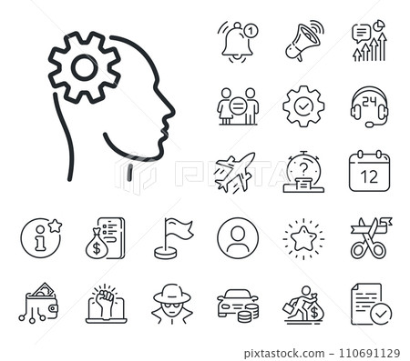 Cogwheel tool sign. Salaryman, gender equality and alert bell outline icons. Engineering line icon. Man think symbol. Engineering line sign. Spy or profile placeholder icon. Vector Cogwheel tool sign. Salaryman, gender equality and alert bell outline icons. Engineering line icon. Man think symbol. Engineering line sign. Spy or profile placeholder icon. Vector 110691129