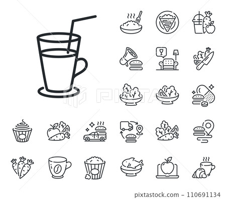 Fresh drink sign. Crepe, sweet popcorn and salad outline icons. Coffee or Cocktail line icon. Beverage symbol. Cocktail line sign. Pasta spaghetti, fresh juice icon. Supply chain. Vector Fresh drink sign. Crepe, sweet popcorn and salad outline icons. Coffee or Cocktail line icon. Beverage symbol. Cocktail line sign. Pasta spaghetti, fresh juice icon. Supply chain. Vector 110691134