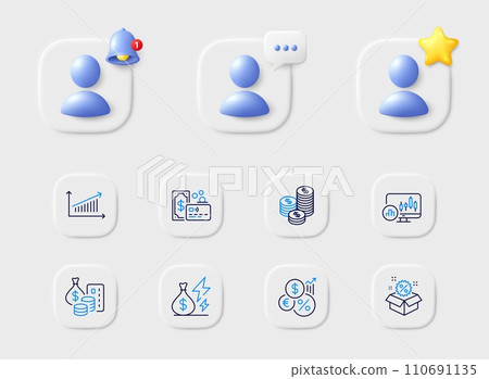 Candlestick chart, Electricity price and Chart line icons. Placeholder with 3d star, reminder bell, chat. Pack of Inflation, Sale, Card icon. Money, Coins pictogram. For web app, printing. Vector Candlestick chart, Electricity price and Chart line icons. Placeholder with 3d star, reminder bell, chat. Pack of Inflation, Sale, Card icon. Money, Coins pictogram. For web app, printing. Vector 110691135