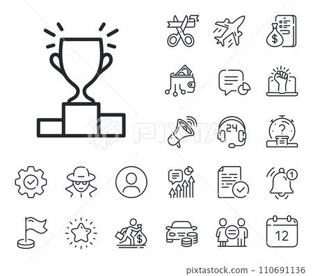 Sports Trophy symbol. Salaryman, gender equality and alert bell outline icons. Winner podium line icon. Championship achievement sign. Winner podium line sign. Spy or profile placeholder icon. Vector 110691136