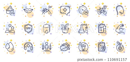 Outline set of Lips, Medical chat and Vegetables line icons for web app. Include Mountain bike, Spf protection, Strong arm pictogram icons. Medical food, Sun protection, Eye checklist signs. Vector 110691157