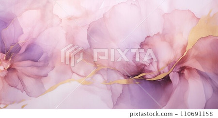 Alcohol ink art flower style purple fluid with golden decoration on white background. Horizontal abstract banner. AI generated image Alcohol ink art flower style purple fluid with golden decoration on white background. Horizontal abstract banner. AI generated image 110691158