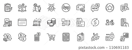 Icons pack as New, Binary code and Tax calculator line icons for app include Online job, Card, Account outline thin icon web set. Money, Rise price, Loyalty star pictogram. Salary. Vector Icons pack as New, Binary code and Tax calculator line icons for app include Online job, Card, Account outline thin icon web set. Money, Rise price, Loyalty star pictogram. Salary. Vector 110691183
