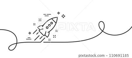 Startup rocket line icon. Continuous one line with curl. Launch Project sign. Innovation symbol. Startup rocket single outline ribbon. Loop curve pattern. Vector Startup rocket line icon. Continuous one line with curl. Launch Project sign. Innovation symbol. Startup rocket single outline ribbon. Loop curve pattern. Vector 110691185