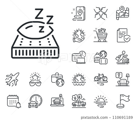 Night sleep bed rest sign. Plane jet, travel map and baggage claim outline icons. Mattress line icon. Pillow with zzz symbol. Mattress line sign. Car rental, taxi transport icon. Vector 110691189
