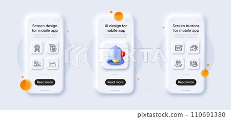 Skin care, Payment card and Opinion line icons pack. 3d phone mockups with bell alert. Glass smartphone screen. Photo location, Diagram, Winner ribbon web icon. Puzzle, Vegetables pictogram. Vector 110691380