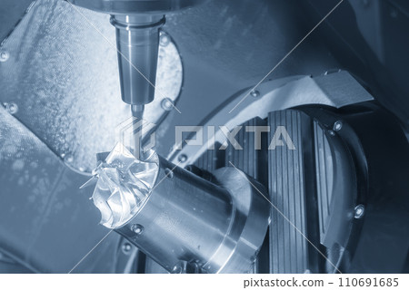 The 5-axis CNC milling machine  cutting the turbocharger part with solid ball end mill tool. 110691685
