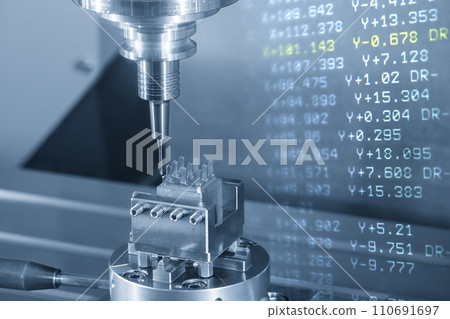 The CNC milling machine cutting the copper electrode parts with solid ball end mill tool. 110691697
