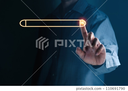 Businessman's hand making touch with icon search in digital world communication Businessman's hand making touch with icon search in digital world communication 110691790