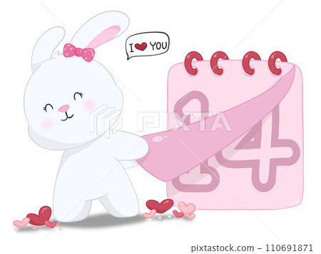Cartoon rabbit tearing up a calendar Entering date 14th decoration element valentine day Cartoon rabbit tearing up a calendar Entering date 14th decoration element valentine day 110691871