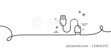 Charging cable line icon. Continuous one line with curl. Mobile accessories sign. Data cord symbol. Charging cable single outline ribbon. Loop curve pattern. Vector 110691875