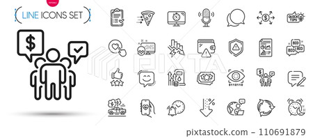 Pack of Seo timer, Alarm clock and Outsource work line icons. Include Education idea, Recycle, Attention pictogram icons. Food delivery, Report document, Approved checklist signs. Alarm. Vector Pack of Seo timer, Alarm clock and Outsource work line icons. Include Education idea, Recycle, Attention pictogram icons. Food delivery, Report document, Approved checklist signs. Alarm. Vector 110691879