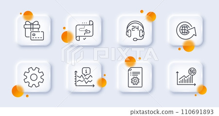 Gift card, 5g statistics and Chart line icons pack. 3d glass buttons with blurred circles. World globe, Service, Technical documentation web icon. Target path, Consulting pictogram. Vector Gift card, 5g statistics and Chart line icons pack. 3d glass buttons with blurred circles. World globe, Service, Technical documentation web icon. Target path, Consulting pictogram. Vector 110691893