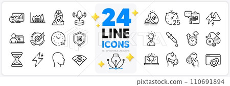 Icons set of Seo gear, Timer and Chemistry pipette line icons pack for app with Qr code, Education, 24 hours thin outline icon. Capsule pill, Clipboard, Vitamin h pictogram. Sick man. Vector 110691894