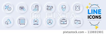 Quick tips, Attention and No vaccine line icons for web app. Pack of Sick man, Journey path, Puzzle pictogram icons. Professional, Square area, Recovery devices signs. First aid, Qr code. Vector 110691901