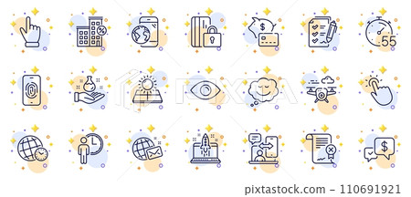 Outline set of Phone timing, Time zone and Piggy bank line icons for web app. Include Eye, Drone, Chemistry lab pictogram icons. Touchpoint, Cursor, Blocked card signs. Sun energy. Vector Outline set of Phone timing, Time zone and Piggy bank line icons for web app. Include Eye, Drone, Chemistry lab pictogram icons. Touchpoint, Cursor, Blocked card signs. Sun energy. Vector 110691921