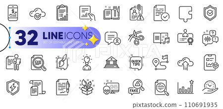 Outline set of Mobile finance, Certificate and Recipe book line icons for web with Court building, Fake news, Check article thin icon. Education, Voicemail, Chat bubble pictogram icon. Vector 110691935