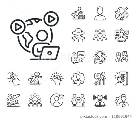 Online meeting sign. Specialist, doctor and job competition outline icons. Video conference line icon. Start presentation symbol. Video conference line sign. Vector Online meeting sign. Specialist, doctor and job competition outline icons. Video conference line icon. Start presentation symbol. Video conference line sign. Vector 110691944