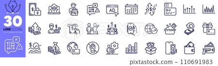 Armed robbery, Phone pay and Business growth line icons pack. Salary employees, Fraud, Growth chart web icon. Bribe, Atm service, Launder money pictogram. Wallet, Check investment, Line graph. Vector 110691983
