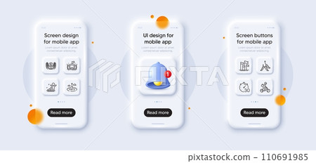 Winner, Laureate award and Timer line icons pack. 3d phone mockups with bell alert. Glass smartphone screen. Arena, Delivery bike, Maggots web icon. Fishing float, Flags pictogram. Vector Winner, Laureate award and Timer line icons pack. 3d phone mockups with bell alert. Glass smartphone screen. Arena, Delivery bike, Maggots web icon. Fishing float, Flags pictogram. Vector 110691985