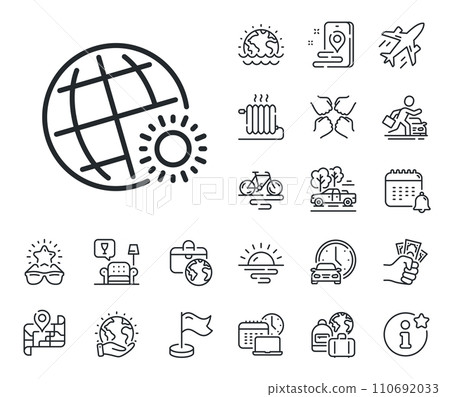 Sun with globe sign. Plane jet, travel map and baggage claim outline icons. World weather line icon. Hot season symbol. World weather line sign. Car rental, taxi transport icon. Place location. Vector 110692033