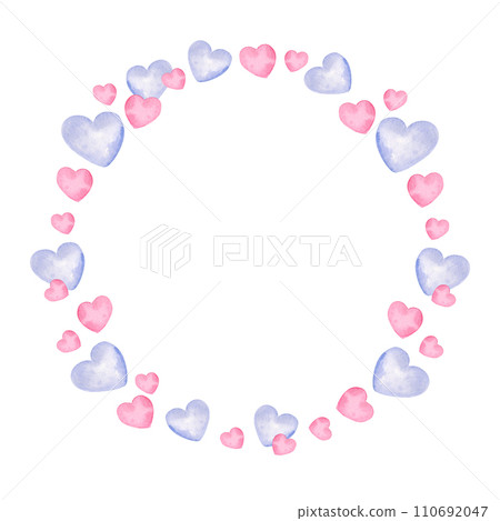 watercolor round frame with heart to Valentine day theme, hand draw illustration of wreath, pink and lilac color border on white background watercolor round frame with heart to Valentine day theme, hand draw illustration of wreath, pink and lilac color border on white background 110692047