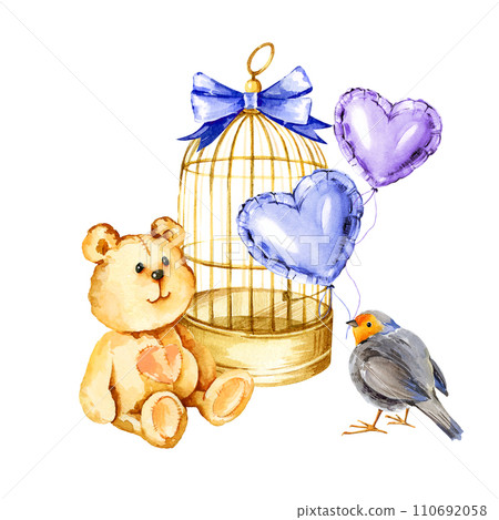 watercolor composition with golden bird cage, cute bird, funny bear toy, blue and lilac foil air balloons in a heart shape, hand drawn illustration for valentine's day, birthday and kid's party 110692058