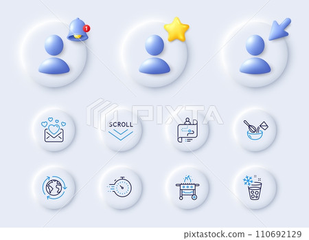 Ice maker, Timer and Gas grill line icons. Placeholder with 3d cursor, bell, star. Pack of Scroll down, Journey path, Outsourcing icon. Cooking whisk, Love mail pictogram. Vector 110692129