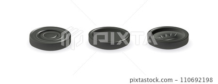 Black checkers chips. 3d realistic round badge with circle convex lines on surface and shadow to play on checkerboard. Vector 110692198